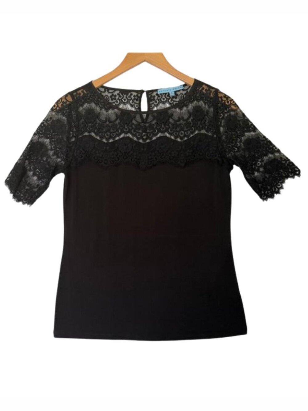 Antonio Milani Lace Sleeve Stretch Top Sz S Black Goth Emo Career Work City Girl